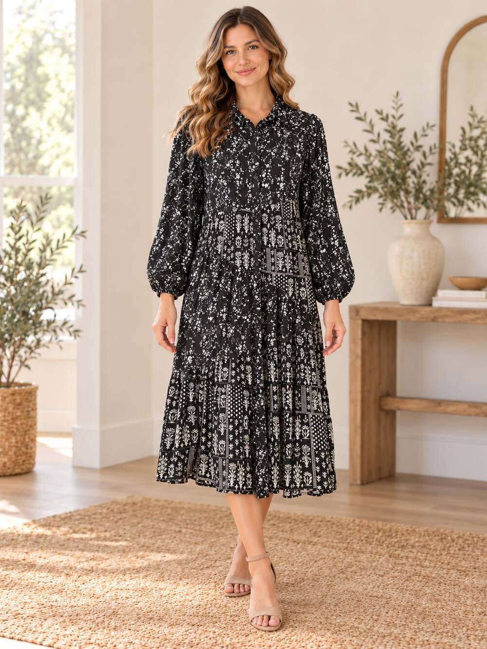 Polagram Floral Patchwork Midi Dress Black White L Button Front Lined Tiered
